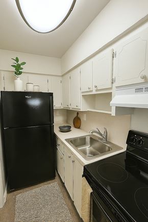 Boca Raton apartment for rent - A black refrigerator sits next to a sink in a kitchen.