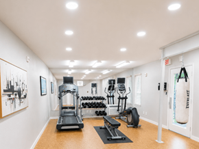 Birmingham apartment for rent - A gym with a variety of equipment including a treadmill, weights, and a punching bag.