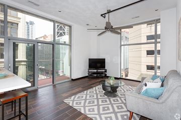 St Louis apartment for rent - A living room with a grey couch and a black and white rug.
