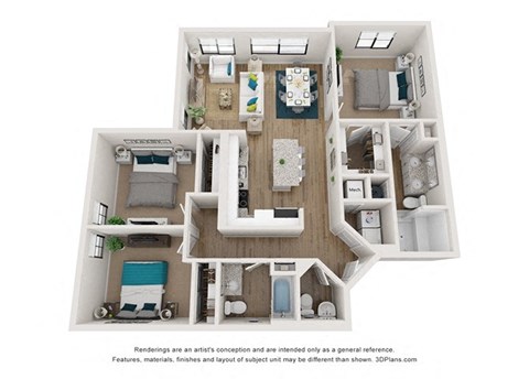 Floor plan for 3 beds, 2 baths, 1423 sqft