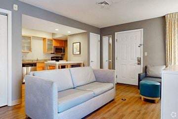 Birmingham apartment for rent - A living room with a grey couch and a kitchen in the background.