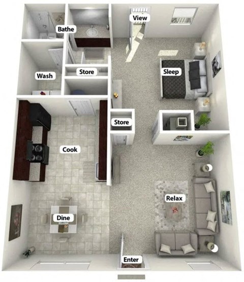 Floor plan for 1 bed, 1 bath, 864 sqft