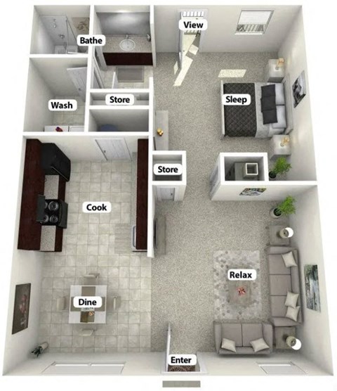 Floor plan for 1 bed, 1 bath, 864 sqft