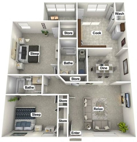 Floor plan for 2 beds, 2 baths, 1200 sqft