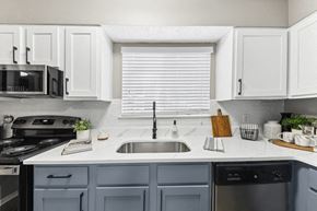 Birmingham apartment for rent - a white kitchen with blue cabinets and a sink