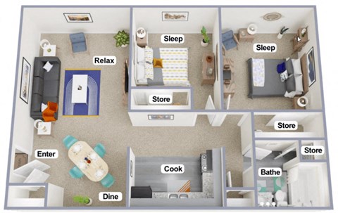 Floor plan for 2 beds, 1 bath, 855 sqft