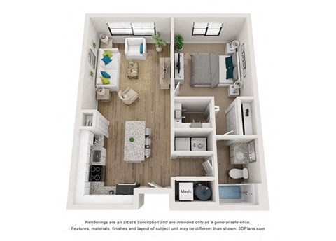Floor plan for 1 bed, 1 bath, 778 sqft