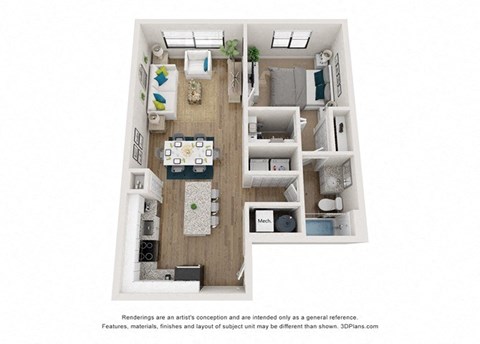 Floor plan for 1 bed, 1 bath, 795 sqft