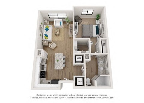 Floor plan for 1 bed, 1 bath, 802 sqft