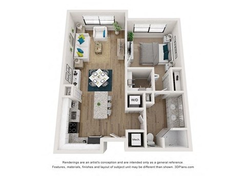 Floor plan for 1 bed, 1 bath, 808 sqft