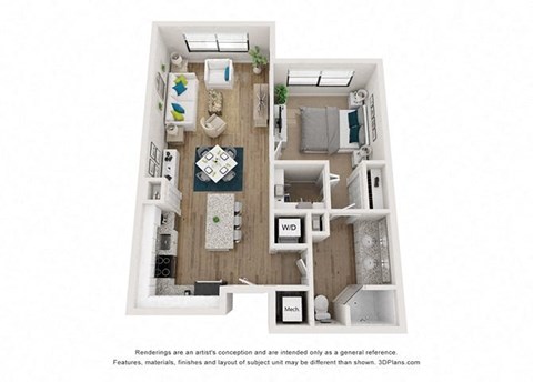 Floor plan for 1 bed, 1 bath, 820 sqft