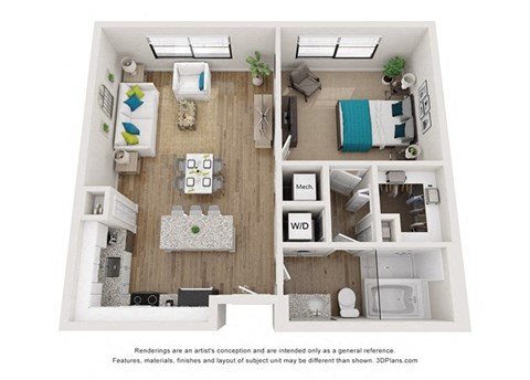 Floor plan for 1 bed, 1 bath, 832 sqft