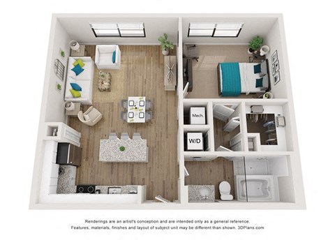 Floor plan for 1 bed, 1 bath, 842 sqft