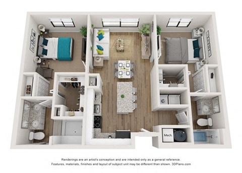 Floor plan for 2 beds, 2 baths, 1026 sqft