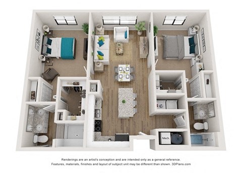 Floor plan for 2 beds, 2 baths, 1153 sqft
