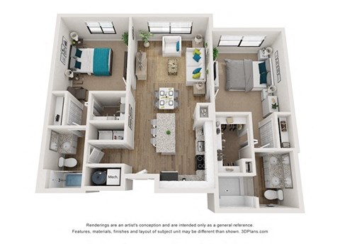 Floor plan for 2 beds, 2 baths, 1154 sqft