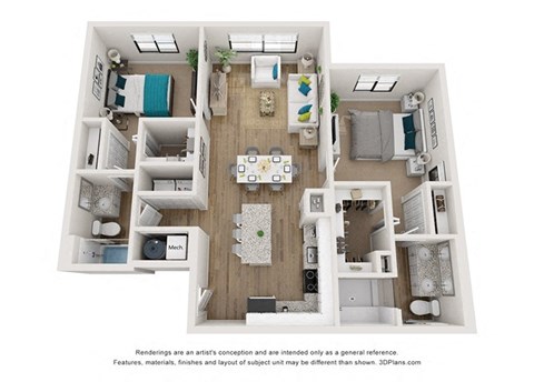 Floor plan for 2 beds, 2 baths, 1157 sqft
