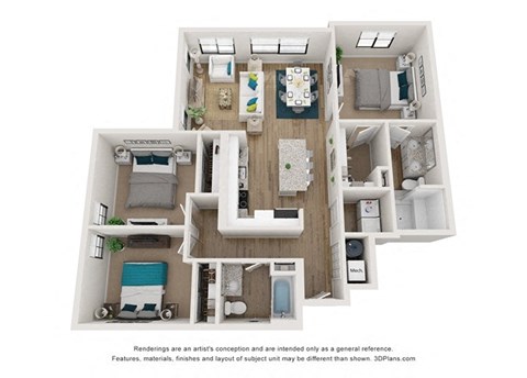 Floor plan for 3 beds, 2 baths, 1377 sqft