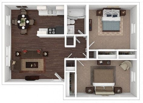 Floor plan for 2 beds, 1 bath, 851 sqft