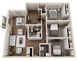 Floor plan for 3 beds, 2 baths, 1300 sqft