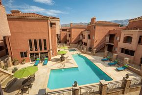 Burbank apartment for rent - Apartments in Burbank, CA - Aerial View of Pool, Jacuzzi and Patio with Lounge Chairs and Tables and Surrounding Buildings scott villa