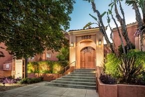 Burbank apartment for rent - Apartments in Burbank, CA - Exterior of Community Building Entrance with Steps Lit Up scott villa