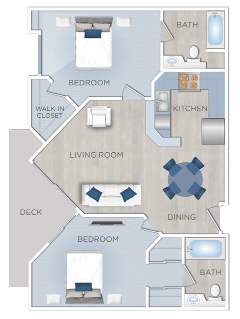 Floor plan for 2 beds, 2 baths, 897 sqft