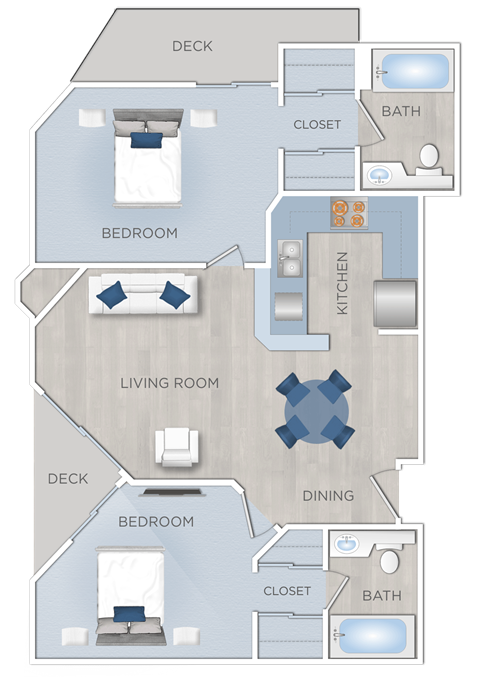 Floor plan for 2 beds, 2 baths, 936 sqft
