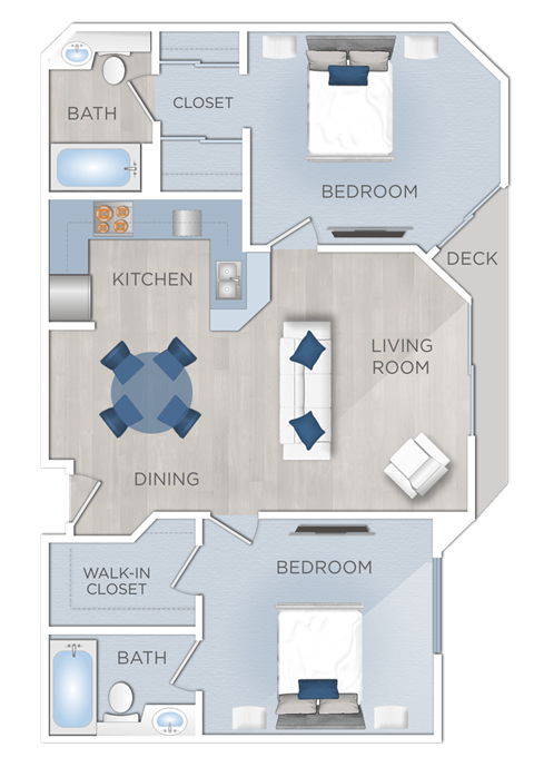 Floor plan for 2 beds, 2 baths, 877 sqft