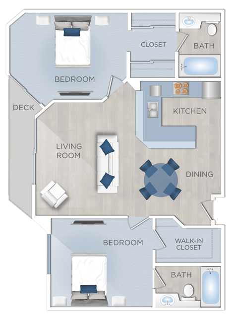 Floor plan for 2 beds, 2 baths, 851 sqft