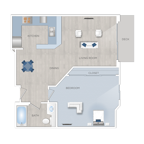 Floor plan for 1 bed, 1 bath, 629 sqft