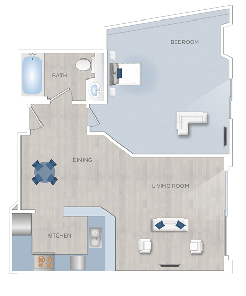Floor plan for 1 bed, 1 bath, 665 sqft
