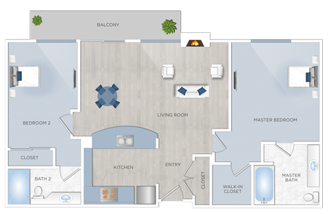 Floor plan for 2 beds, 2 baths