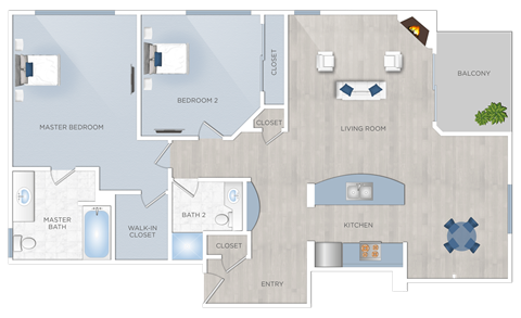 Floor plan for 2 beds, 2 baths