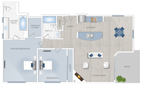 Floor plan for 2 beds, 2 baths