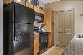 San Antonio apartment for rent - A black refrigerator stands in a kitchen with wooden cabinets and a microwave above the stove.