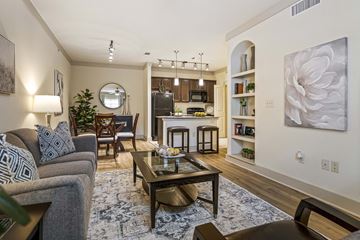 San Antonio apartment for rent - A living room with a grey couch, a coffee table, and a large painting on the wall.