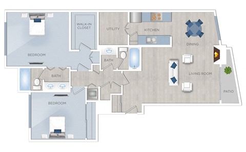 Floor plan for 2 beds, 2 baths, 1232 sqft