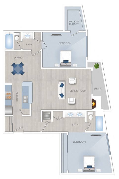 Floor plan for 2 beds, 2 baths, 1232 sqft