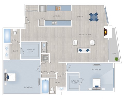 Floor plan for 2 beds, 2 baths, 1350 sqft