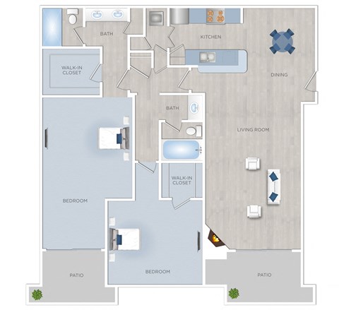 Floor plan for 2 beds, 2 baths, 1315 sqft