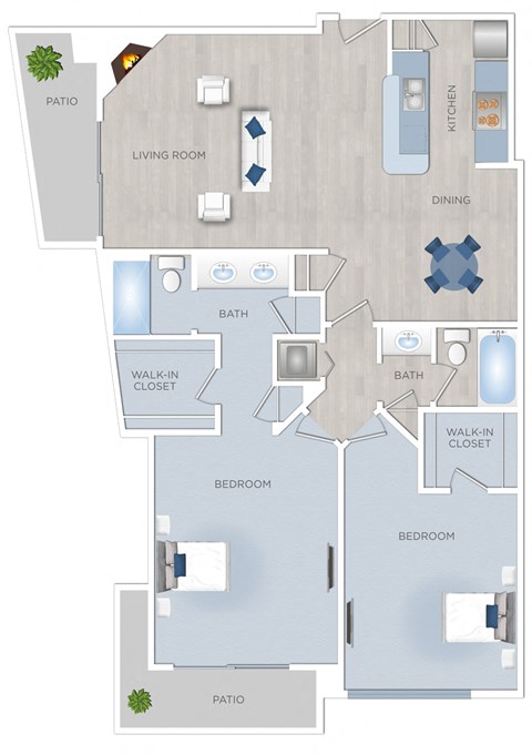 Floor plan for 2 beds, 2 baths, 1350 sqft