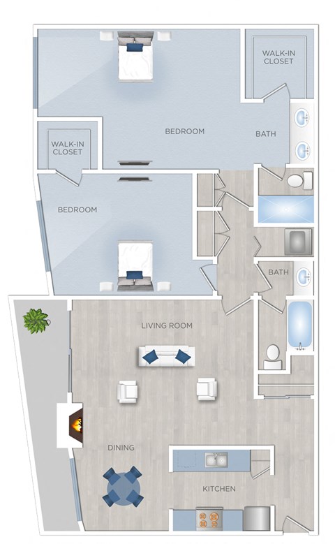 Floor plan for 2 beds, 2 baths, 1390 sqft