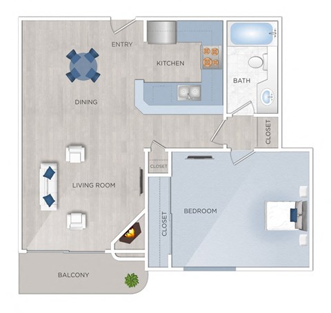Floor plan for 1 bed, 1 bath, 640 sqft