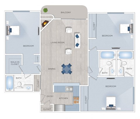 Floor plan for 3 beds, 2 baths, 1165 sqft