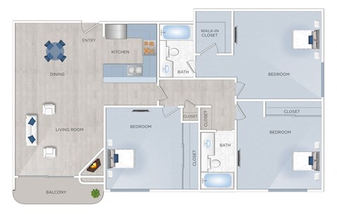Floor plan for 3 beds, 3 baths, 1100 sqft