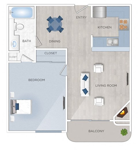 Floor plan for 1 bed, 1 bath, 580 sqft