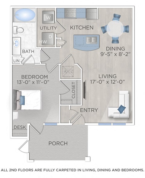 Floor plan for 1 bed, 1 bath, 798 sqft