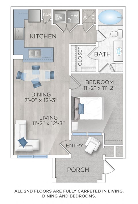 Floor plan for 1 bed, 1 bath, 673 sqft