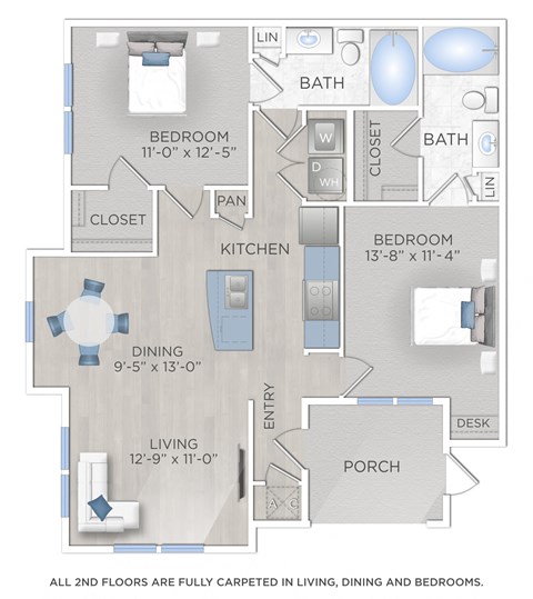 Floor plan for 2 beds, 2 baths, 1053 sqft